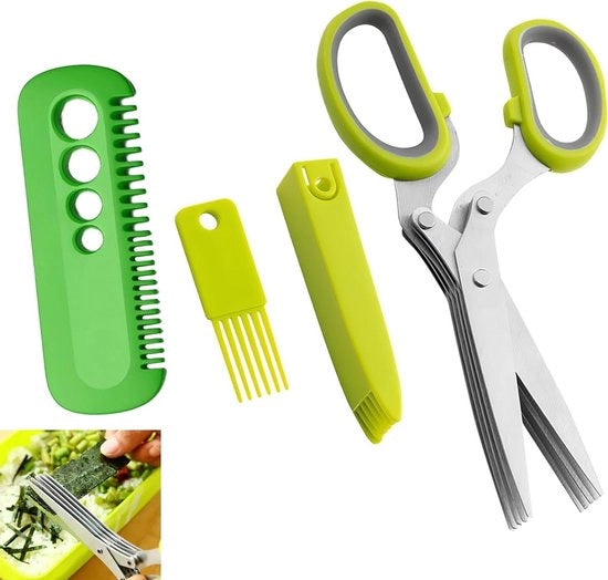 Serra da Cucina in Acciaio Inox con 5 Lame e Cappotto di Sicurezza - Spazzola per Pulizia e Strappatrice per Erbe - Ideale per Erbe come Prezzemolo e Petroselino