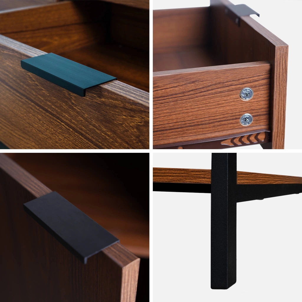 Credenza effetto legno tinto noce e metallo a 3 ante, 110cm, noce