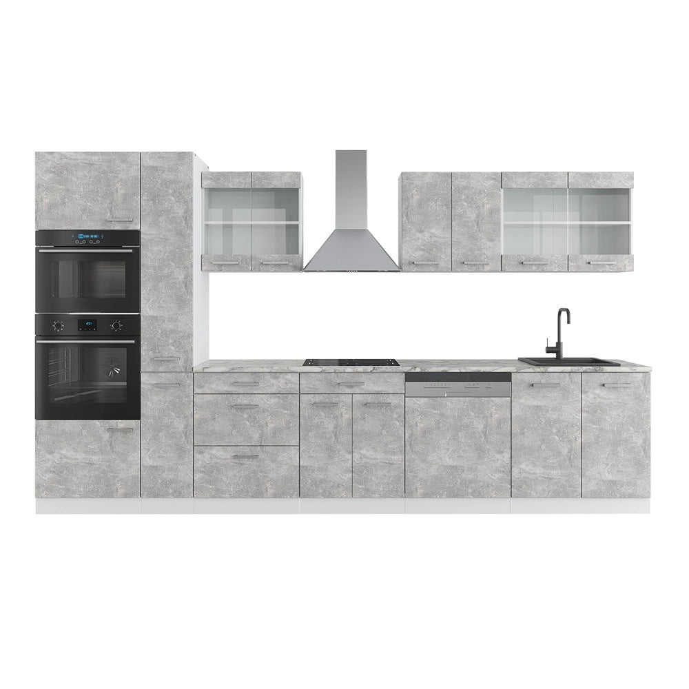 Cucina R-Line Calcestruzzo/Bianco 350 cm con armadio alto, PL Marmo Vicco