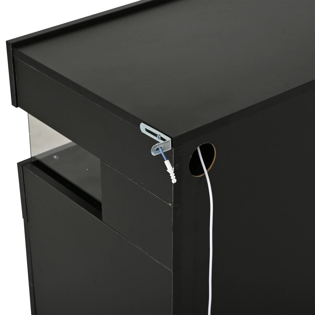 Credenza moderna nera con 3 ante, LED con app, finitura lucida e 7 vani