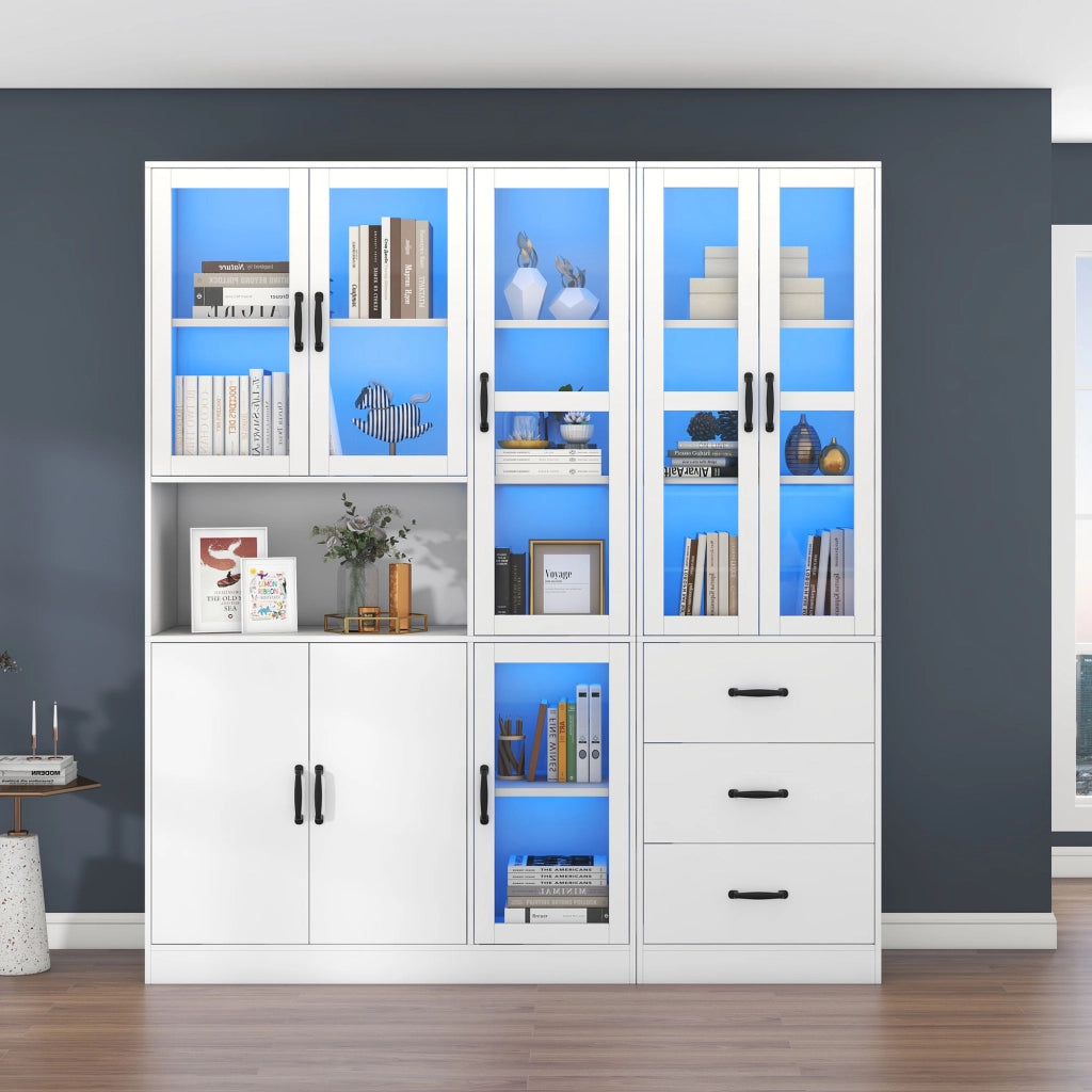 Vetrina combinata bianca con LED USB, 8 ante e 3 cassetti, 180x40x200 cm