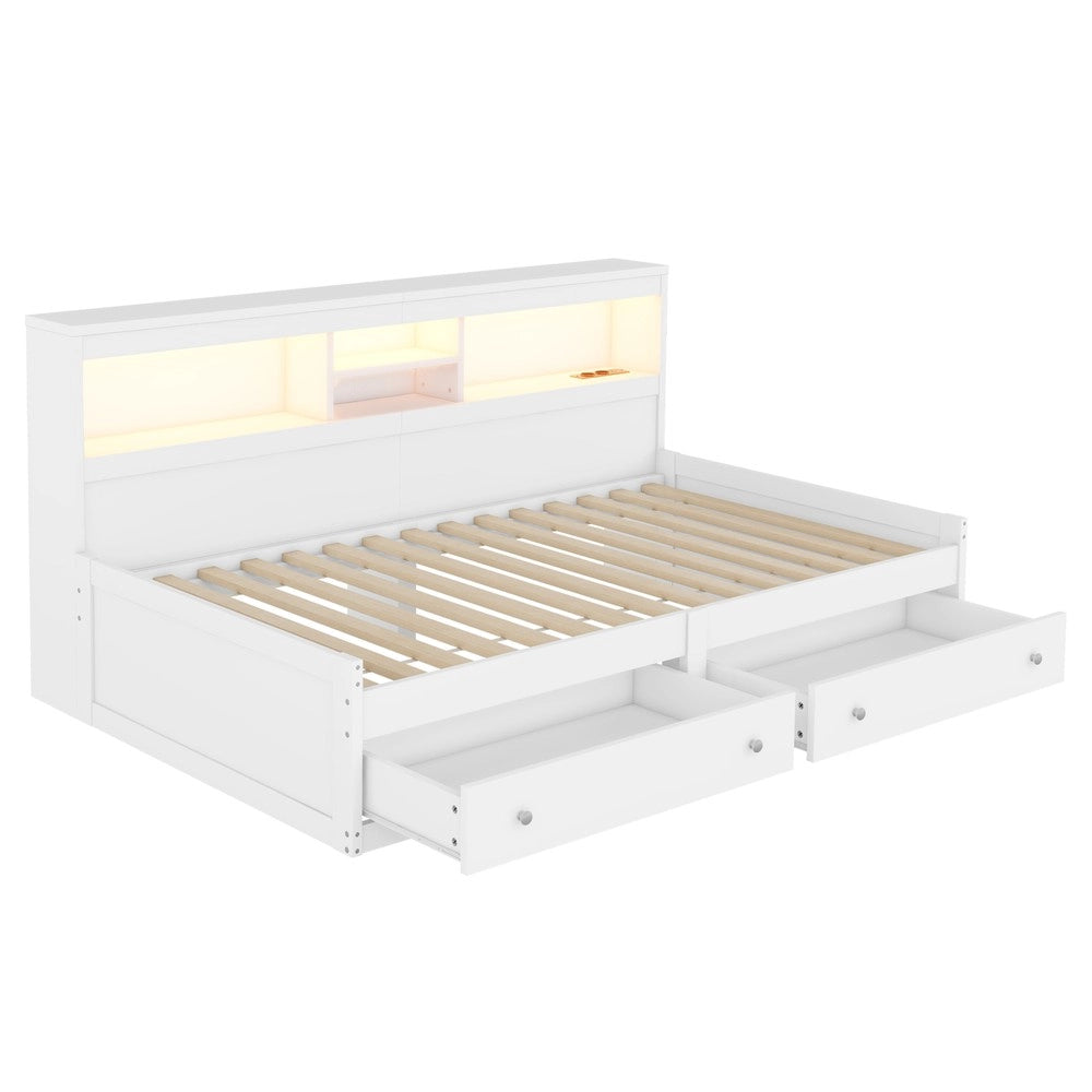Letto Singolo con Divano, Comodino, LED e Cassetti ¨C MINIMAL ¨C Bianco 90x200