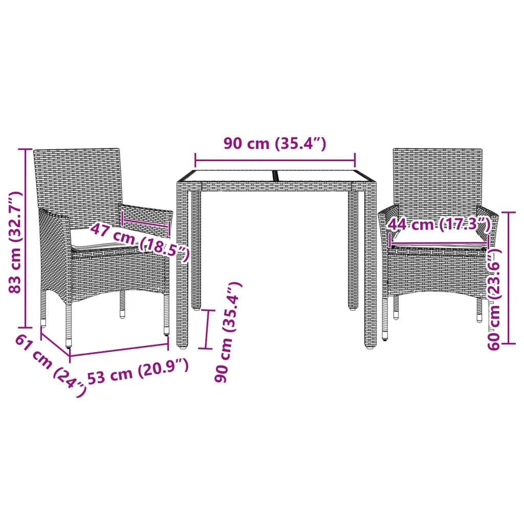 Set da Pranzo da Giardino 3 pz con Cuscini Polyrattan e Vetro 3278537