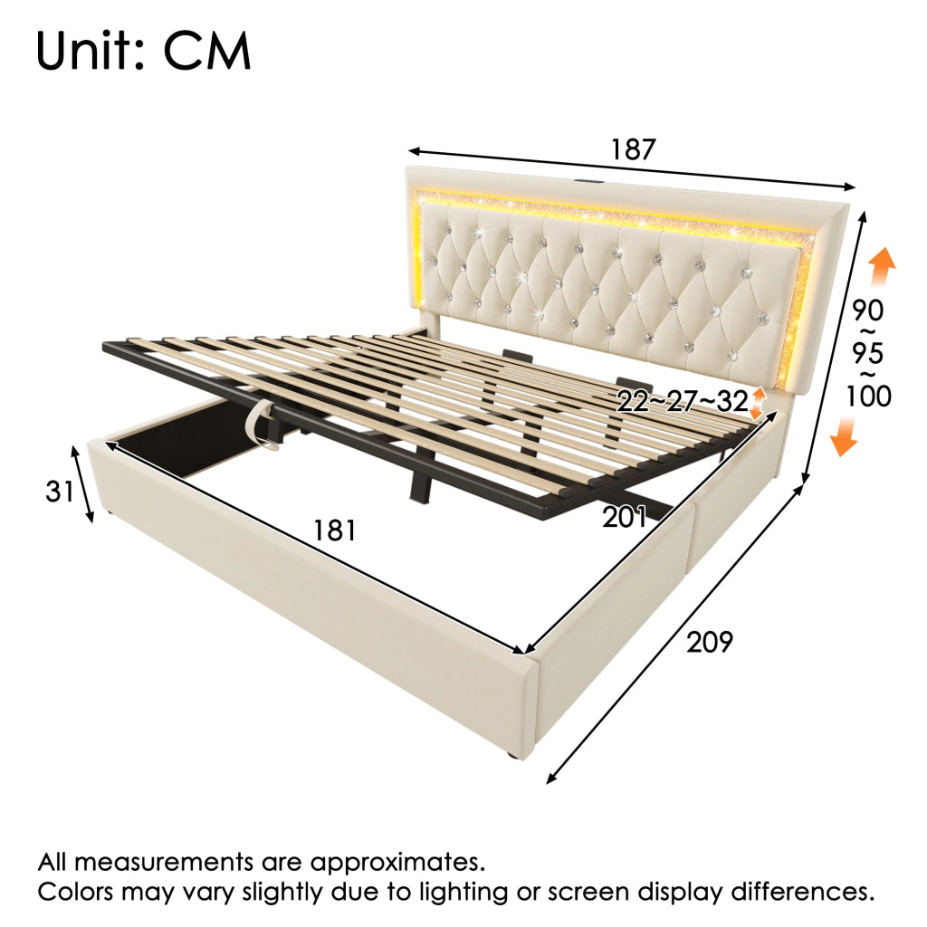 LETTO 180x200 cm in Velluto Beige con LED, USB e USB-C, contenitore idraulico