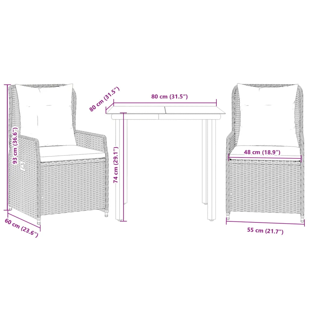 Set Pranzo da Giardino 3pz con Cuscini Grigio Chiaro Polyrattan 3262903