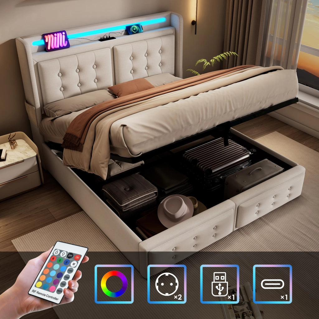 LETTO 140x200 cm con testiera LED e prese USB, cotone-lino beige