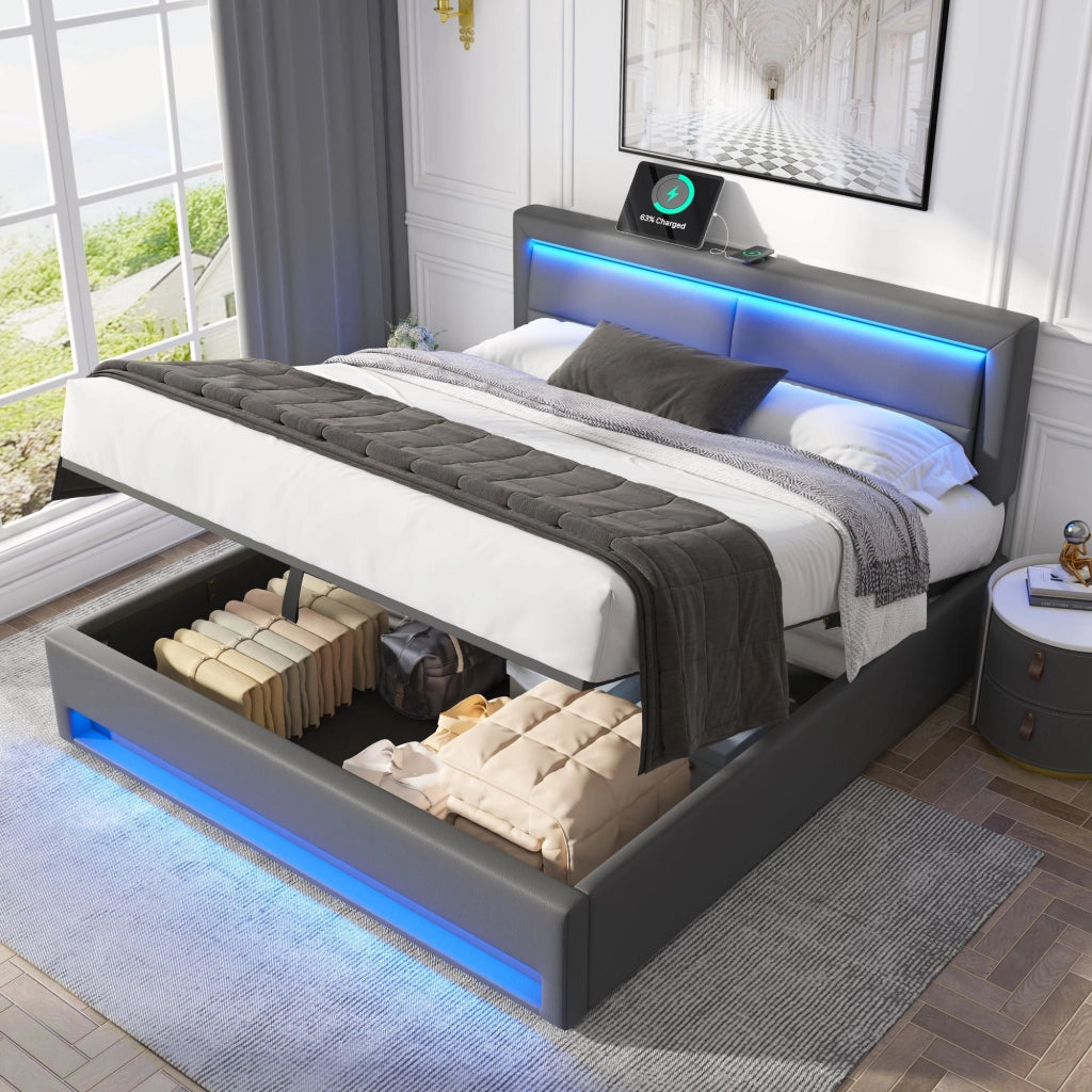Letto imbottito 140x190 cm in PU grigio con USB, LED e contenitore