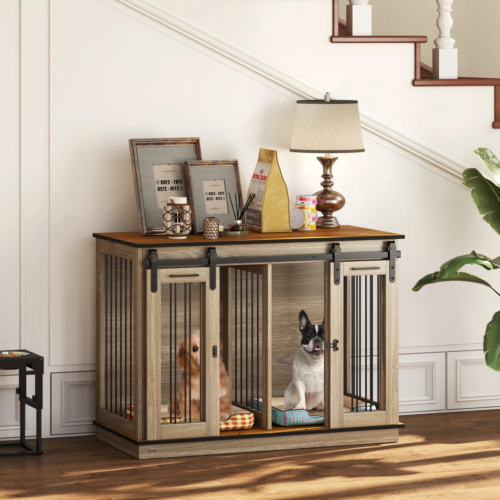 Gabbia per cani con 2 porte ¨C Xylo ¨C design rustico, bloccabile, marrone