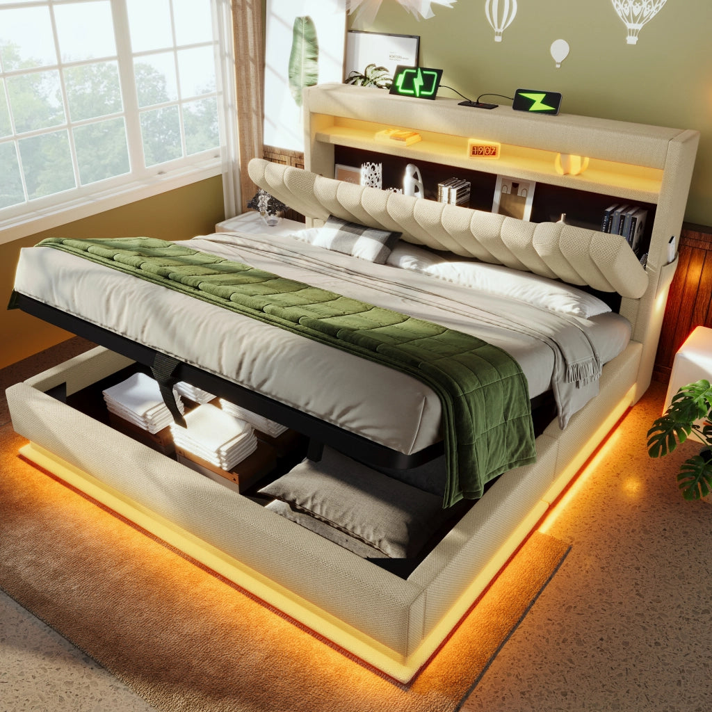 LETTO Imbottito con LED e USB/Type-C 180x200 cm Beige in Lino