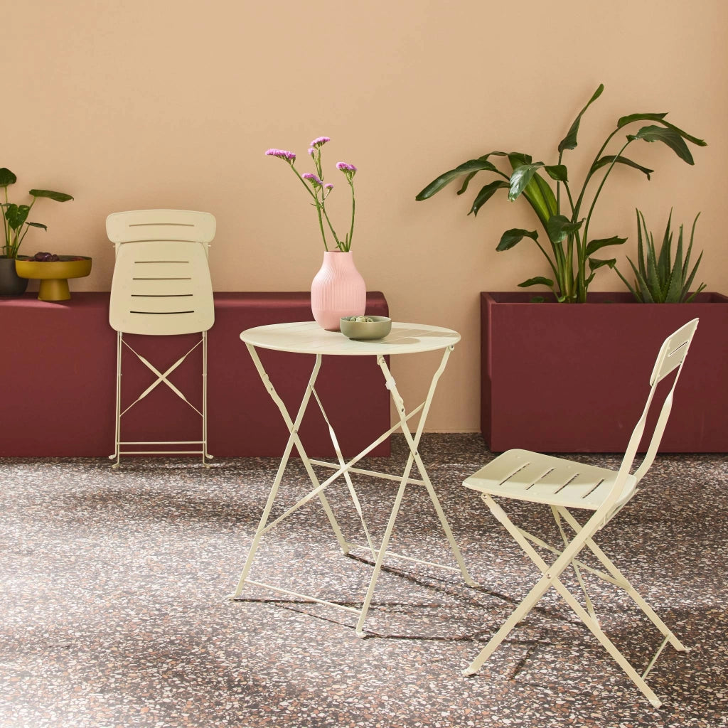 Set tavolo da giardino bistrot pieghevole rotondo in acciaio, 2 sedie,