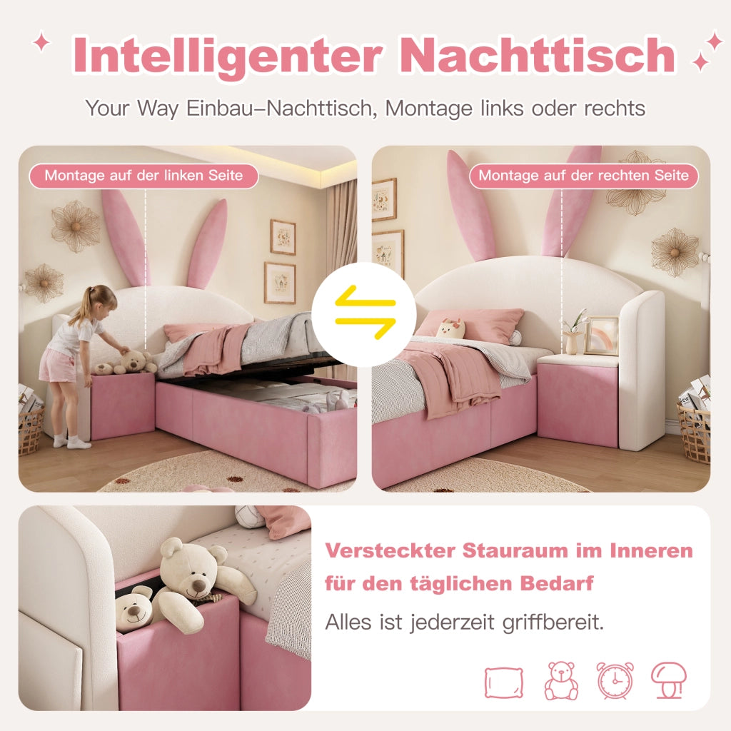 LETTO 90x190 cm in Velluto Beige e Rosa con comodino laterale