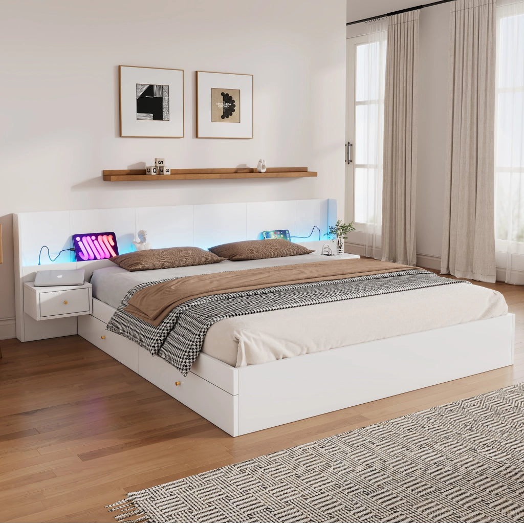 LETTO Matrimoniale 180x200 cm MDF Bianco con USB, LED, 2 comodini e cassetti