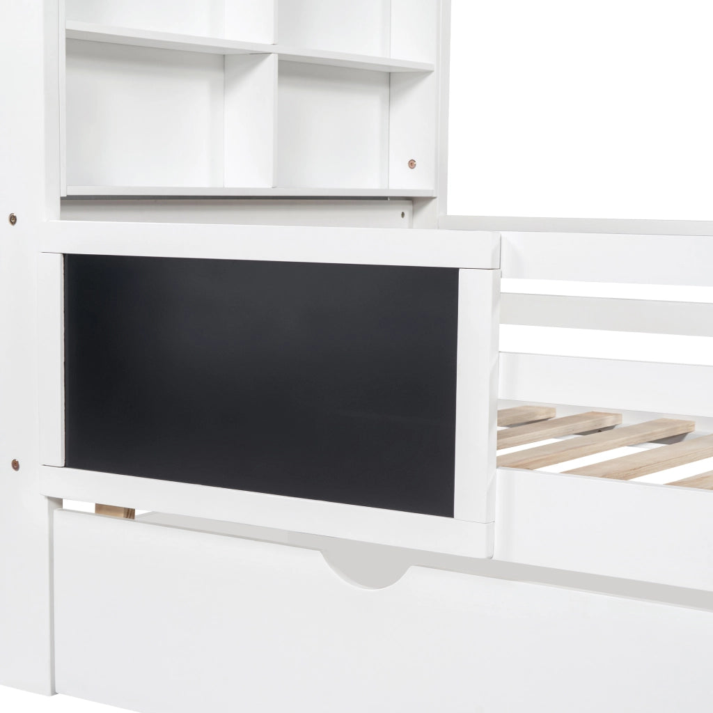 LETTO per bambini 90x200 cm bianco con lavagna, 2 cassetti e sponda di sicurezza