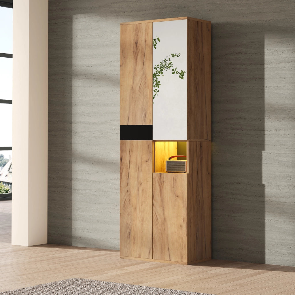 Armadietto a specchio alto con 4 ante 12 vani e vano aperto in truciolare nero naturale 65 × 35 × 190 cm