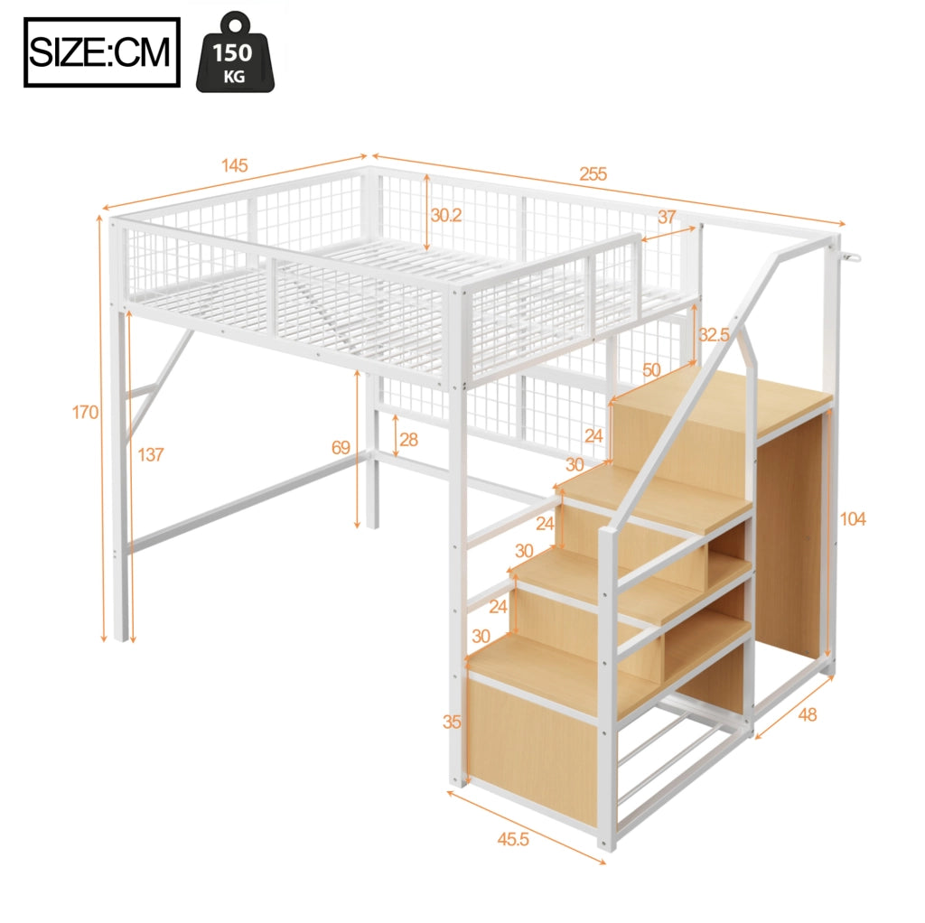 Letto a soppalco in metallo bianco con scala contenitore e LED