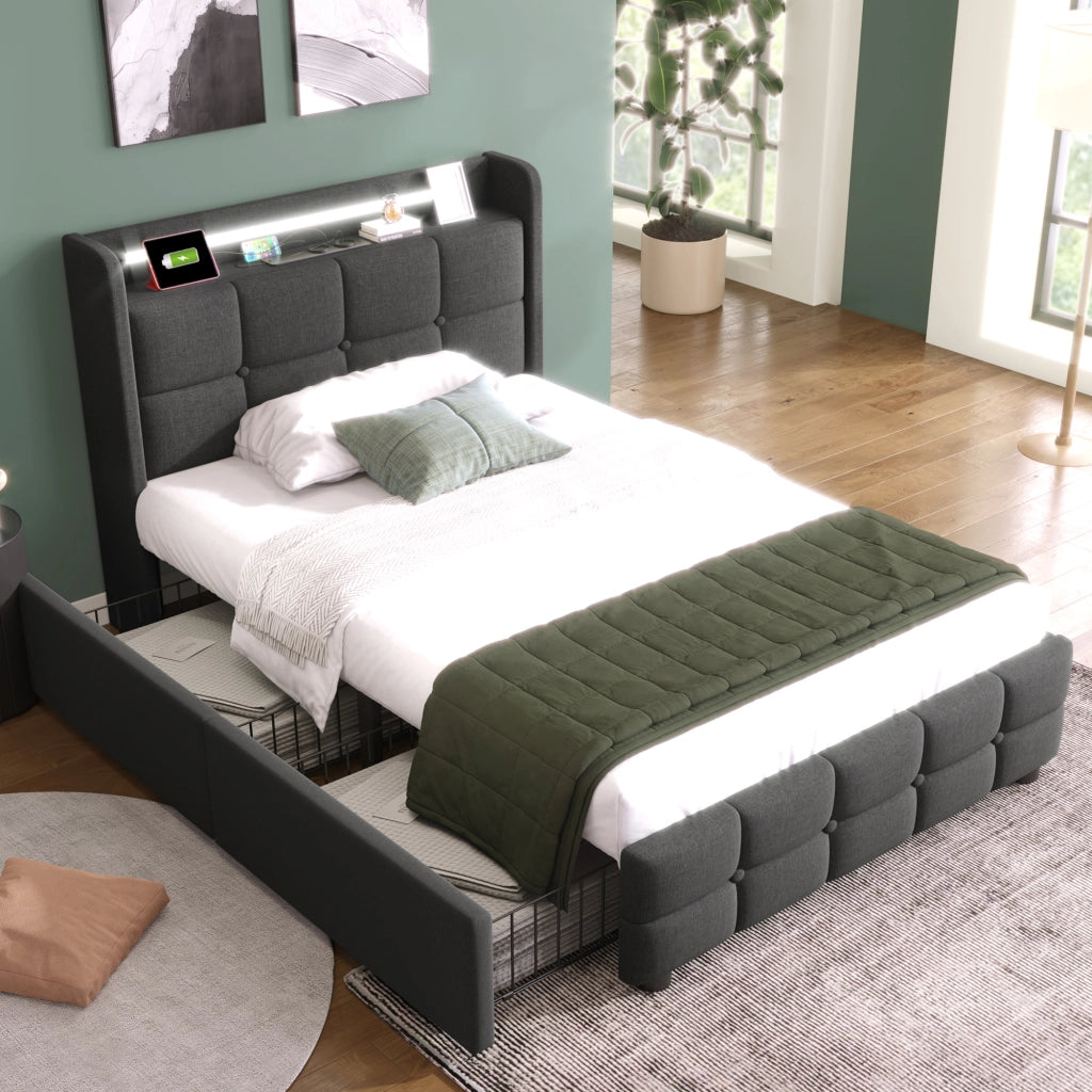 LETTO Singolo 90x200 cm Grigio con USB, LED e 2 cassetti