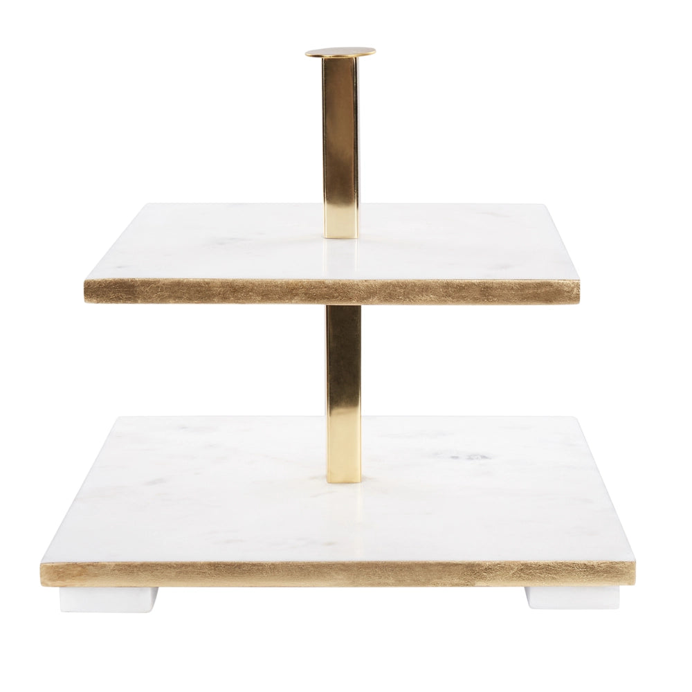 Alzata per torte elegante a 2 livelli Vassoio di marmo e acciaio inox intagliato Bianco e oro supporto per dolci