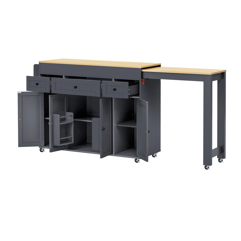 Mobile cucina con piano estraibile; 3 cassetti; ripiani regolabili e ruote bloccabili per cucina; 137-190.6×45.2×92 cm