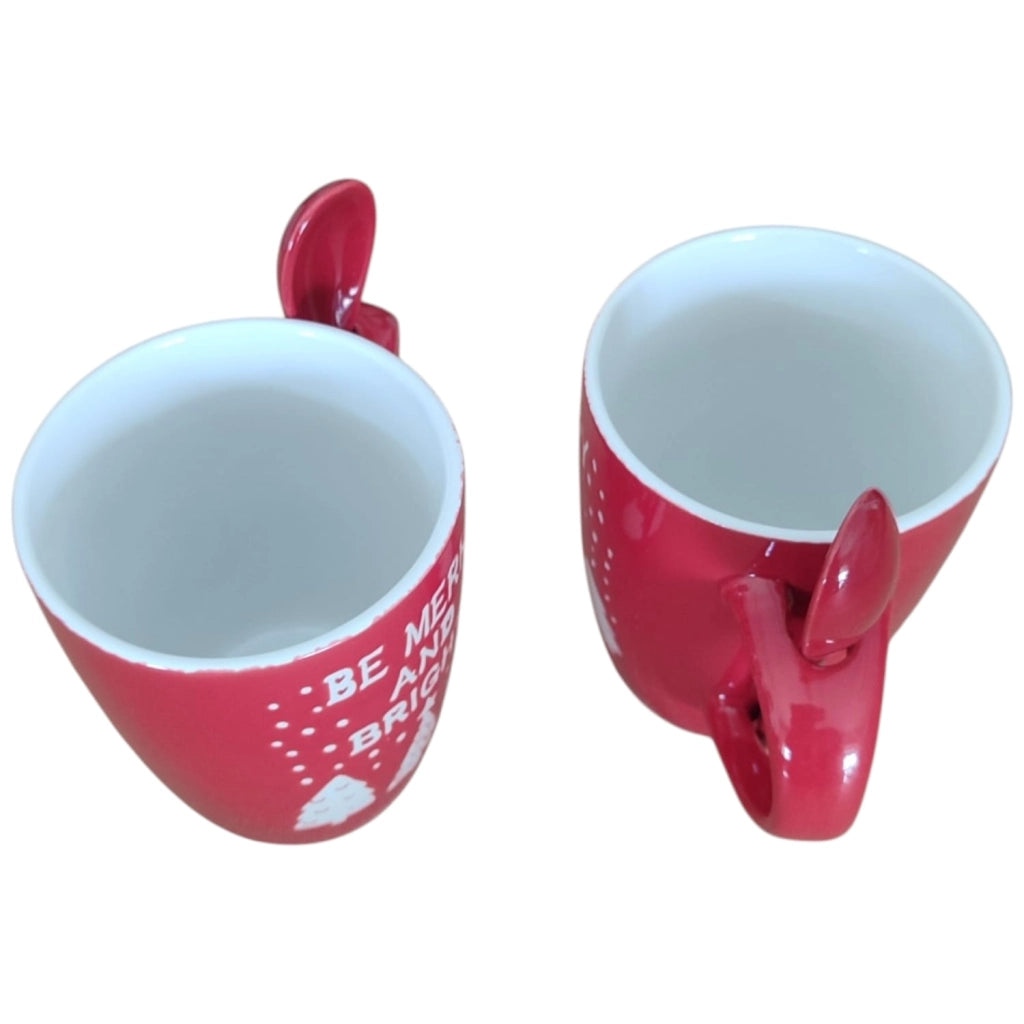 Set 2 Tazze Natalizie Gres Rosso 30cl con Cucchiaini Idea Regalo Natale