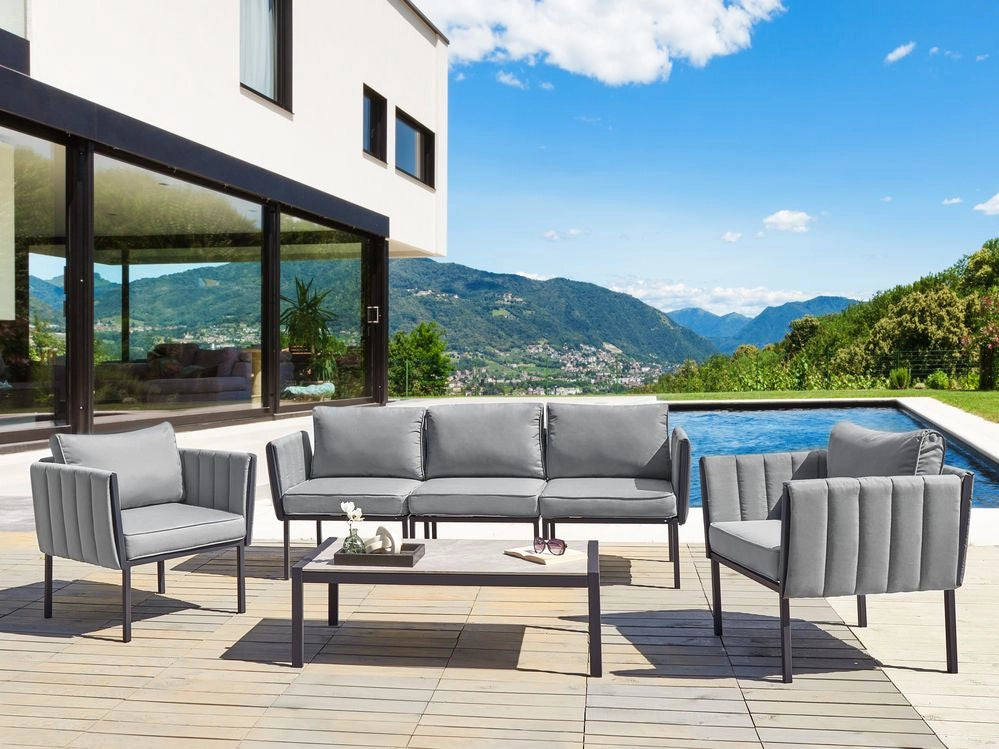 Set da giardino 5 posti con divano 2 poltrone grigio scuro in acciaio con Cuscini