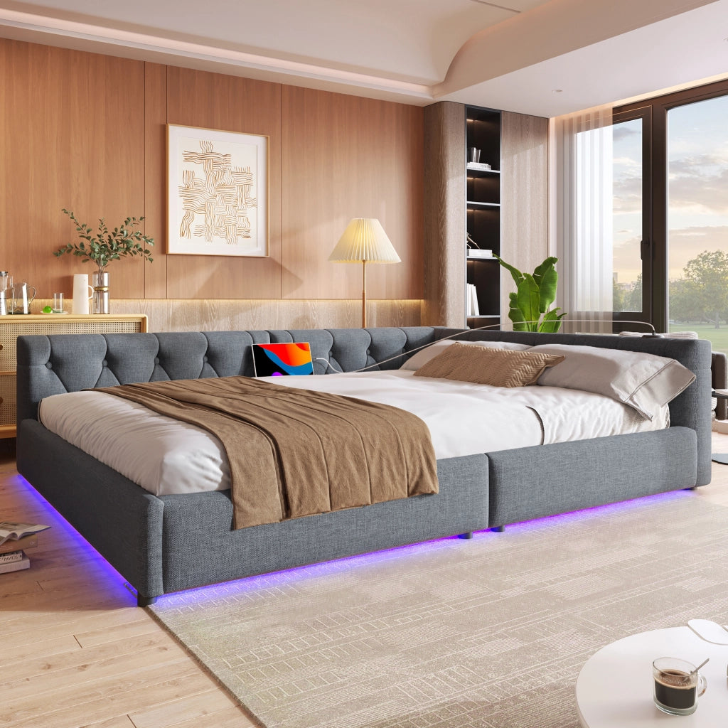 OKWISH Letto Divano 140×200 cm, Letto Matrimoniale con USB, Type C e LED Regolabile, senza Materasso, in Lino, Grigio