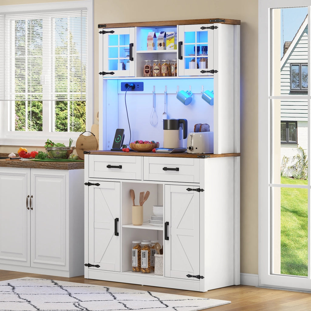 Mobile Bar con LED e Prese, Buffet Cucina con Cassetti e Ripiani ¨C MINIMAL ¨C Bianco