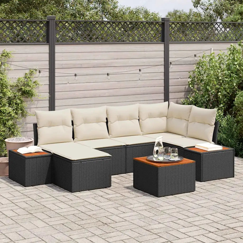 Set Divano da Giardino 7 pcs Nero e Crema Polyrattan