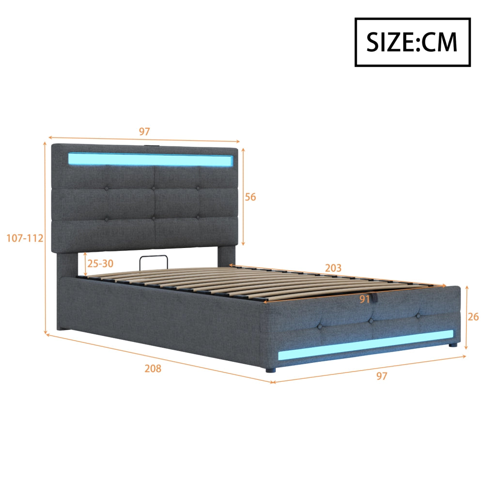LETTO Imbottito 90x200 cm Grigio con LED RGB e porte USB