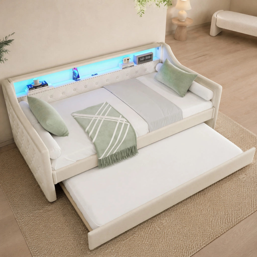LETTO Divano letto estraibile 90x200 cm Lino Beige con LED e USB