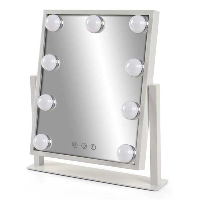 SPECCHIO 9 LED HOLLYWOOD 3 LUCI DI COLORE BIANCO, NATURALE, CALDA, REGOLABILE, INTERRUTORE TOUCH CAVO USB INCLUSO 28 X 35 CM