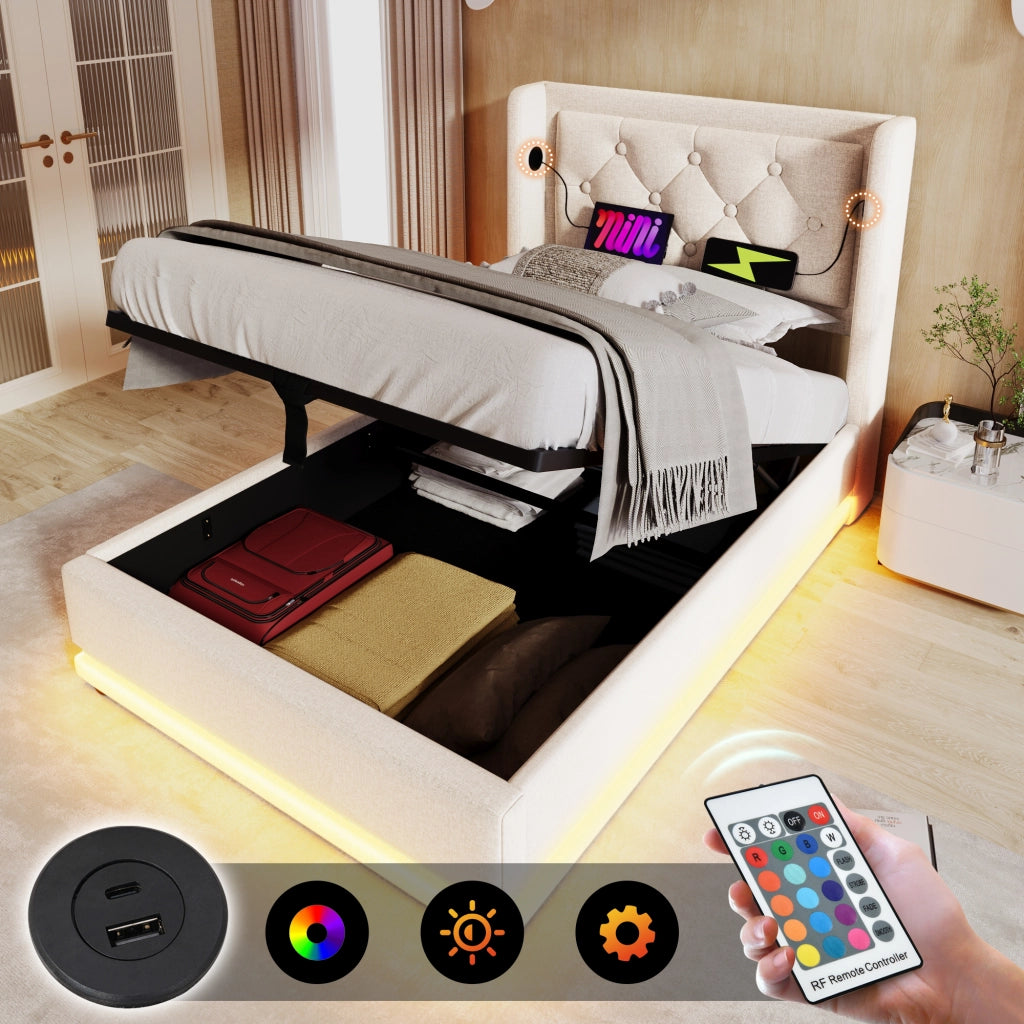 LETTO Contenitore 90x200 cm Beige in cotone, con USB Tipo-C e LED a 3 lati