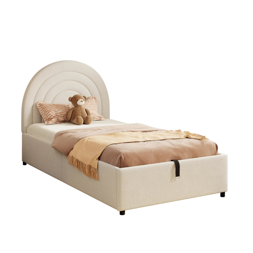 OKWISH Letto Contenitore 90×200 cm, Letto Singolo con Vano Contenitore Idraulico, Testiera Imbottita e Struttura Antirumore, senza Materasso, Bouclé, Beige