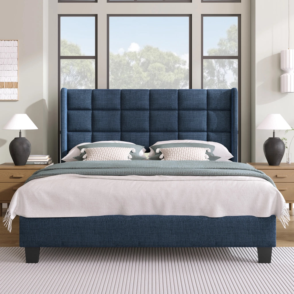 LETTO imbottito 140x200 cm in lino blu con rete a doghe