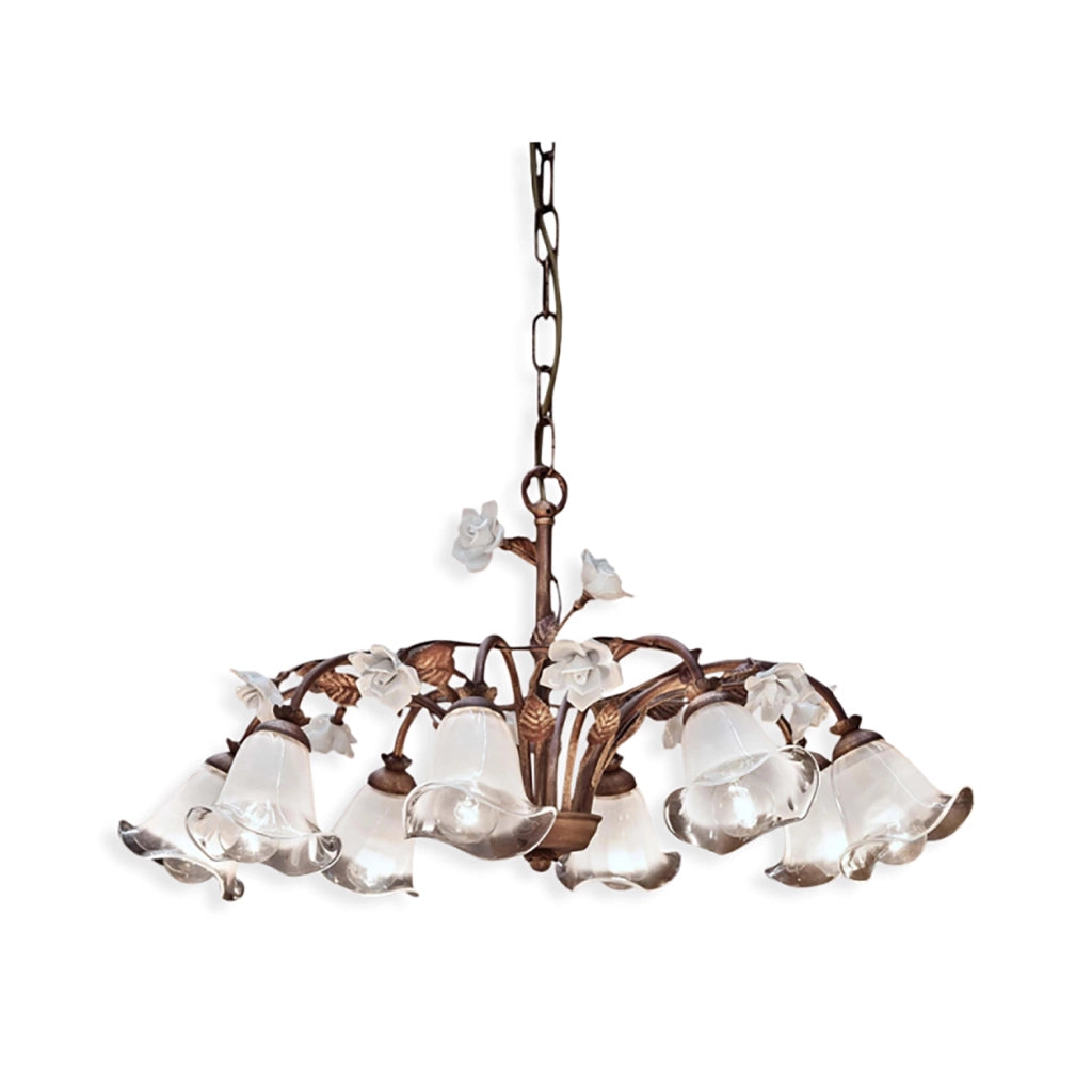 Lampadario Classico Siena Metallo E Ceramica Ruggine Decorato Lucido 8 Luce E14