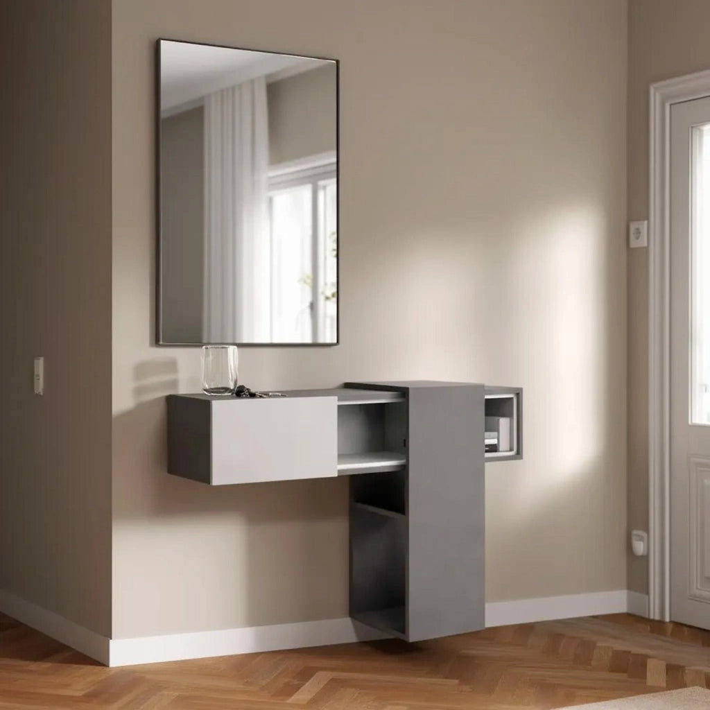 Mobile Da Ingresso Con Ripiani Scorrevoli Mensola Sospesa E Specchio Per Arredo Sala 100 X 31.5 X 75 Cm Grigio Scuro E Grigio Chiaro