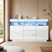 Sideboard moderno 140 x 35 x 80 cm bianco lucido con LED, 3 cassetti e 2 ante