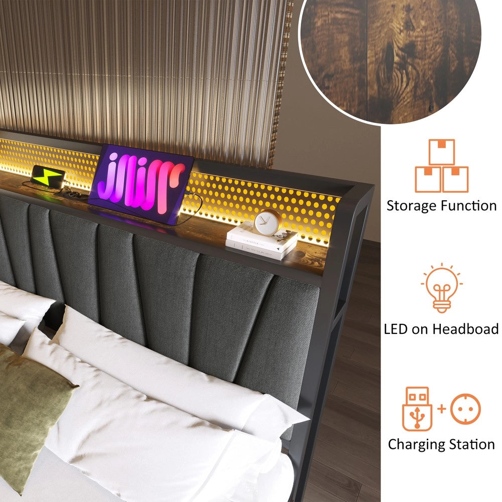 Letto Matrimoniale Imbottito con LED e USB ¨C MINIMAL ¨C Metallo Grigio 180x200