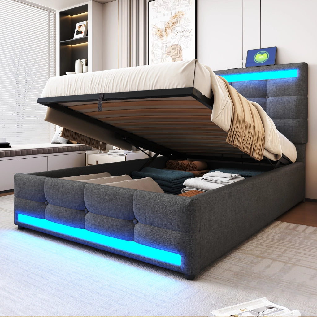 LETTO Imbottito 90x200 cm Grigio con LED RGB e porte USB