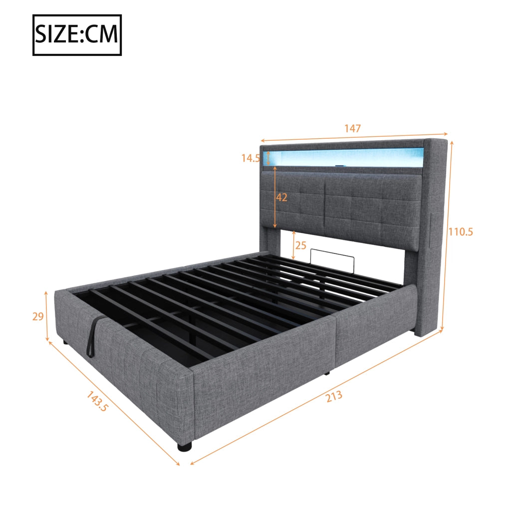 LETTO Imbottito 140x200 cm Grigio in Lino con LED, USB e contenitore