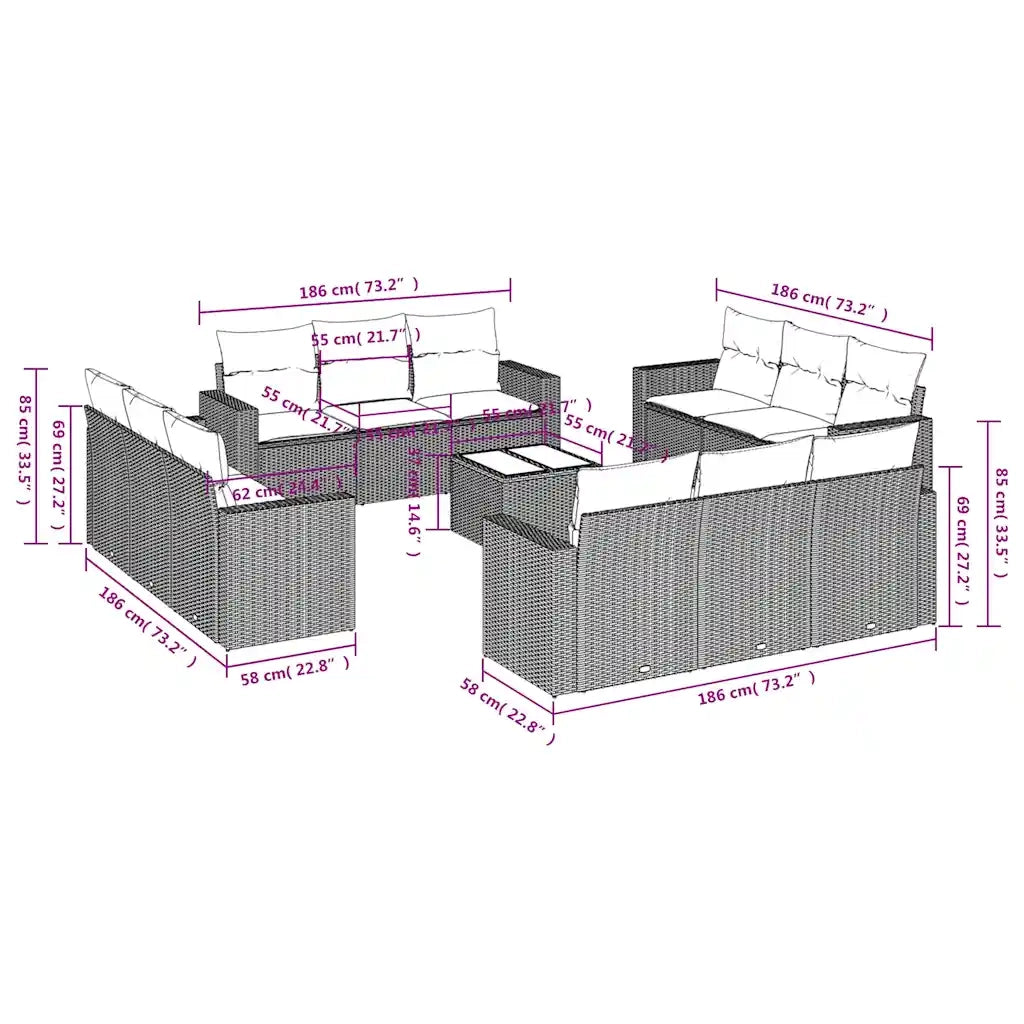 Set Divani da Giardino 13 pz con Cuscini Marrone in Polyrattan 3251120