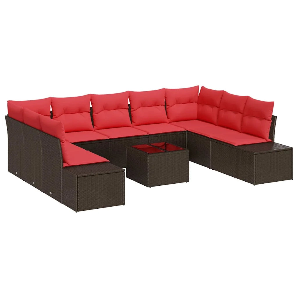 Set Divano da Giardino 9 pz 8-Numero di posti Marrone e Rosso 3355903