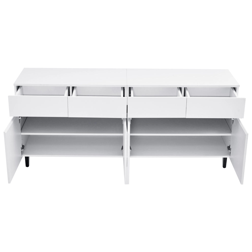 Sideboard bianco lucido con 4 cassetti, 2 ante e ripiani regolabili, 160 x 40 x 68 cm