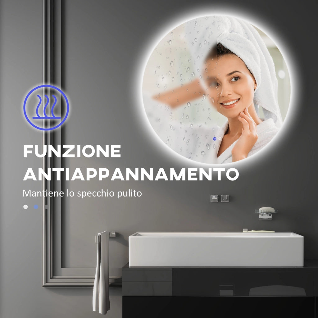 Specchio Bagno con Luci LED Regolabili, Interruttori Touch e Design Antiappannamento, ?70 cm