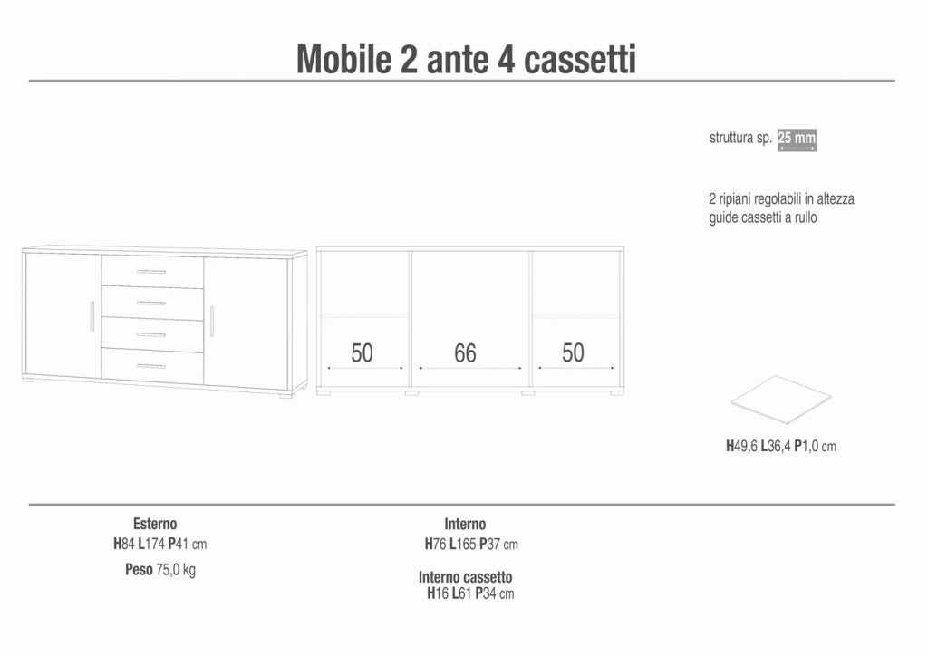Credenza Mobile 2 ante con 4 cassetti 174x41x84H cm desing moderno in kit di montaggio colore Ossido bianco