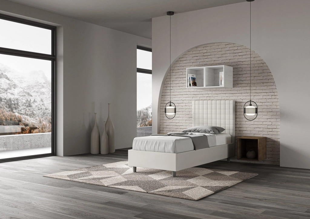 BS COM Letto singolo con rete imbottito 90x200 similpelle bianco
