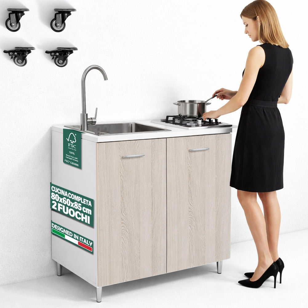 Cucina Completa 80x60cm Olmo Piano Cottura 2 Fuochi Lavello con Rubinetteria
