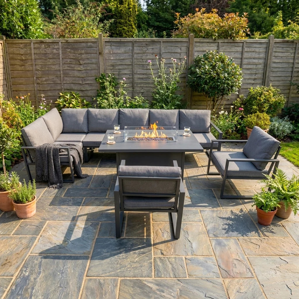 Set Giardino Alluminio 7 Posti Grigio Divano Sedie Tavolo Fire Pit