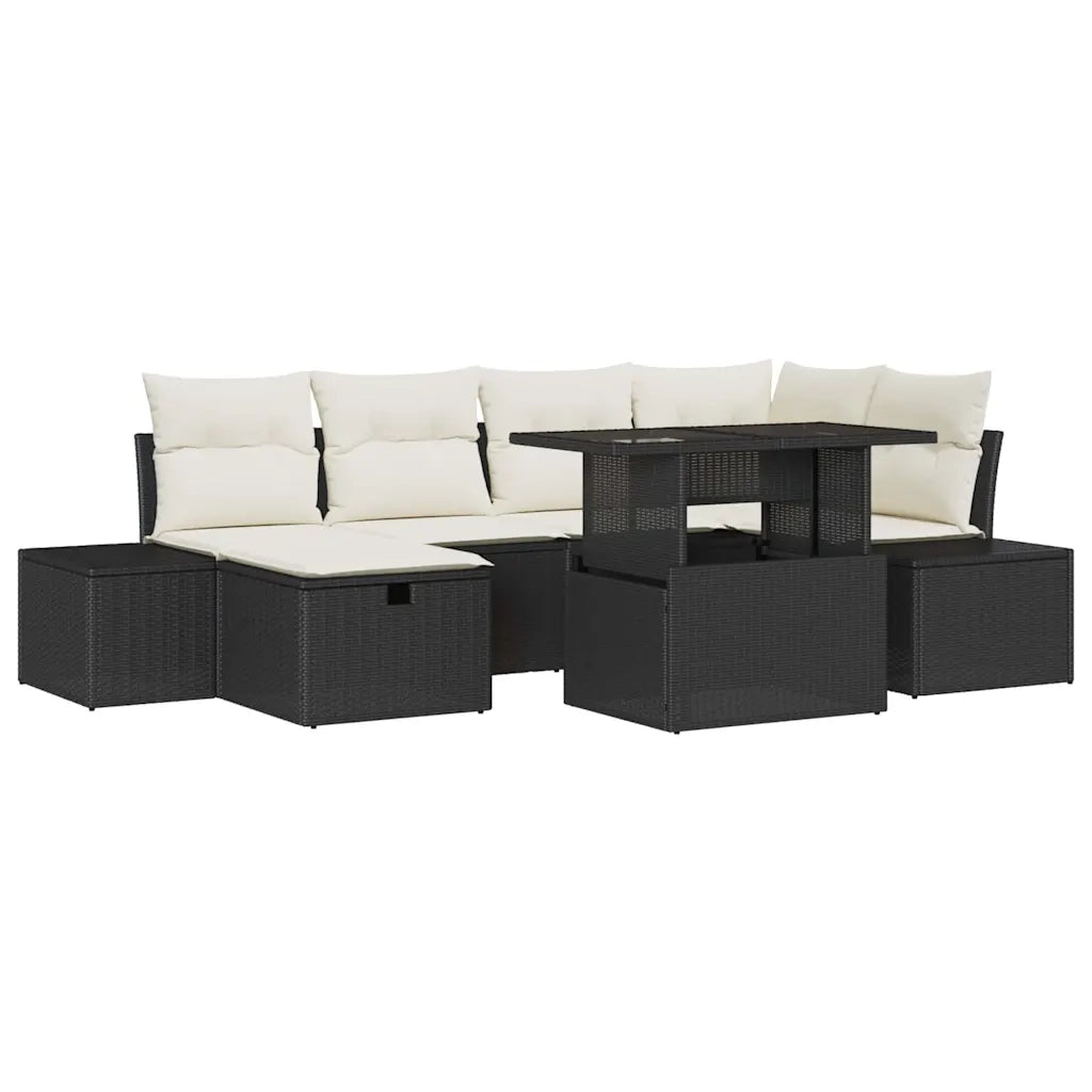 Set Divano da Giardino con cuscino 7 pcs Nero Poly Rattan