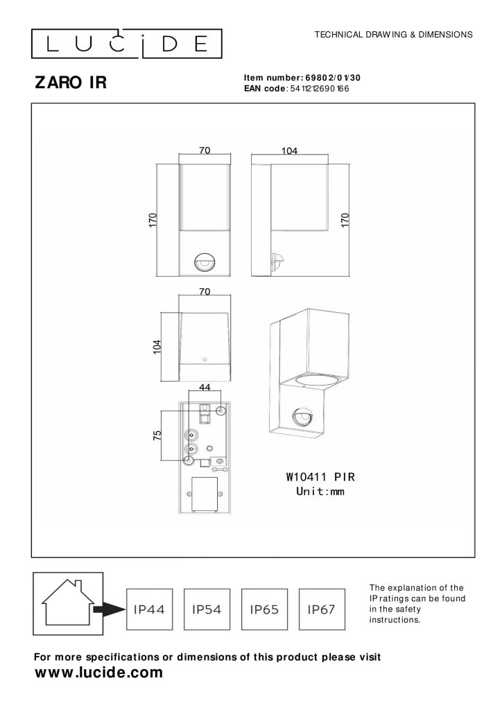 Applique esterna IP65 sensore GU10 7W Zaro Lucide nera