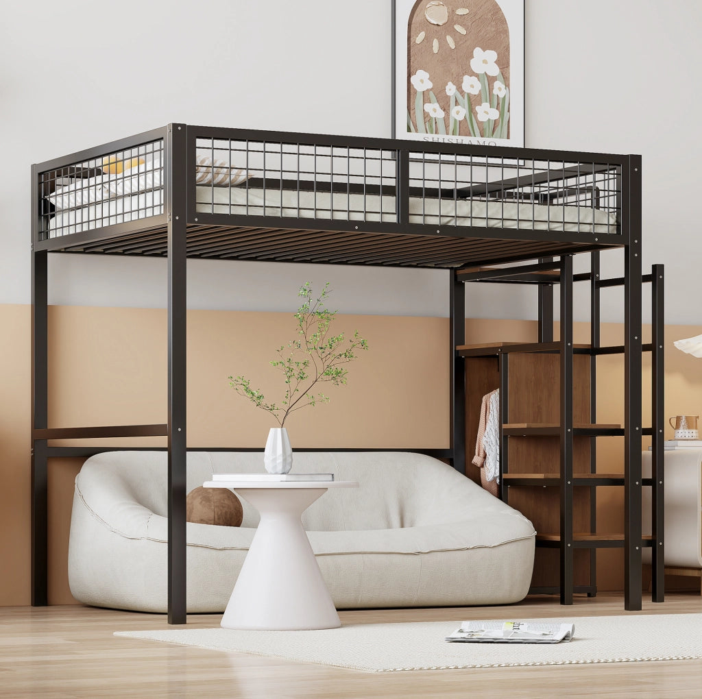 Letto a soppalco 140x200 cm con scala e armadio